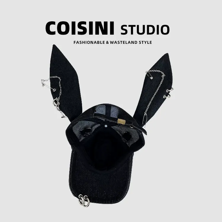 Unisex Wasteland Style Bunny Ear Baseball Cap, Punk Denim Trucker Hat with Chain, Streetwear Hip Hop Costume for Halloween Party