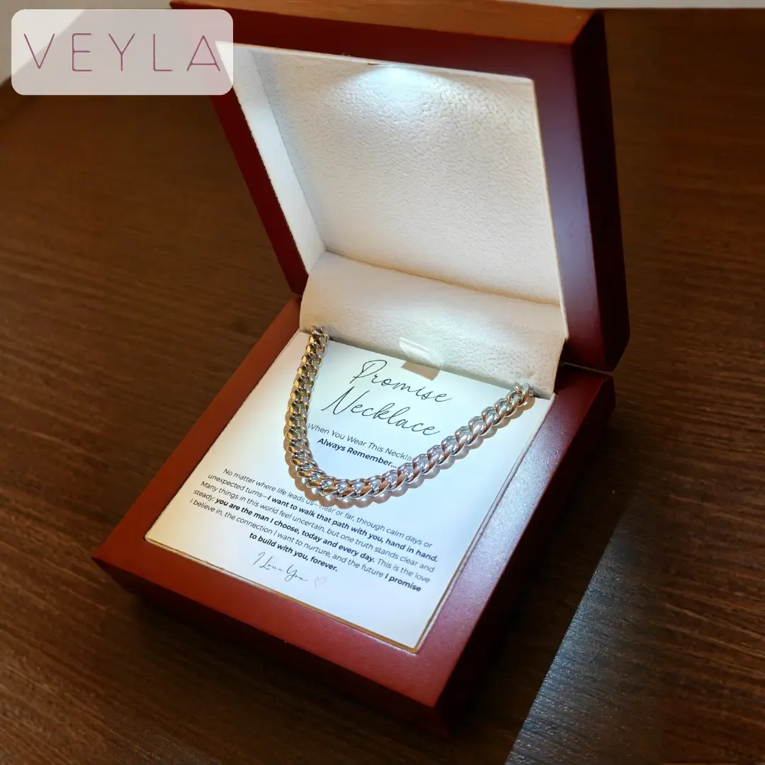 Promise Necklace for Boyfriend Waterproof Stainless Steel Cuban Chain Symbol of Love and Commitment LED Wooden Box Gift for Valentines Day and Birthday