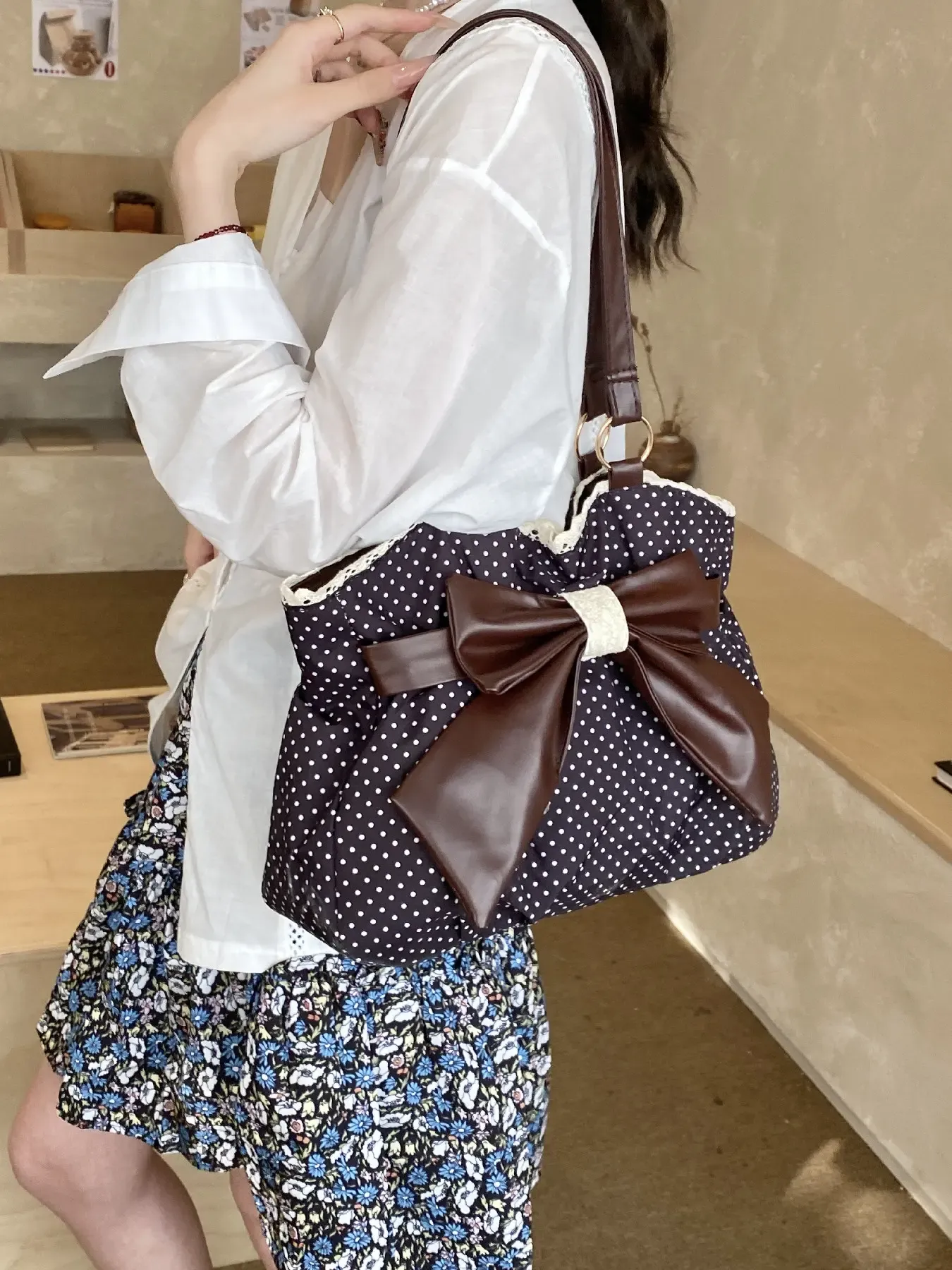 Trendy Fashion Large Capacity Polka Dot Bag with Bow Decor, Fashionable Patterned Bag, Handheld Shoulder Bag, Handbag Shoulder Purse, Stylish Womens Accessory, PU Leather Bag Perfect for Daily Use