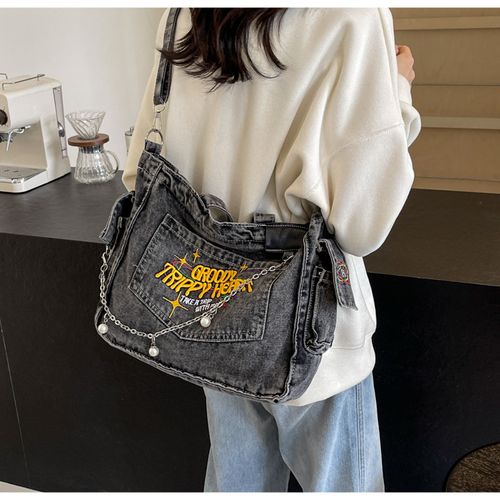 College student tote bag for girls large capacity denim trend new style one-shoulder crossbody handbag niche design backpack, college, outdoor, sports, travel, outing, shopping, vacation, vacation, fashion niche design, women bag