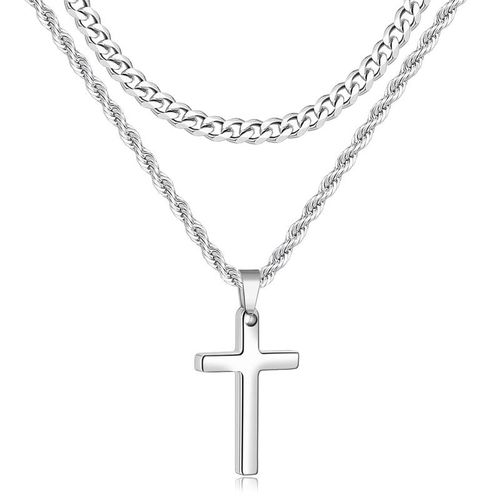 Cross Necklace for Men, Layered Mens Cross Necklaces Stainless Steel Cross Pendant Cuban Link Rope Chain