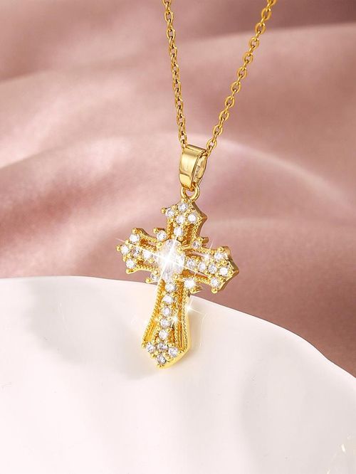 Rhinestone Cross Pendant Necklace For Women For Gift, Clavicle Chain Necklace, Fashion All-match Accessory, Cross Necklaces