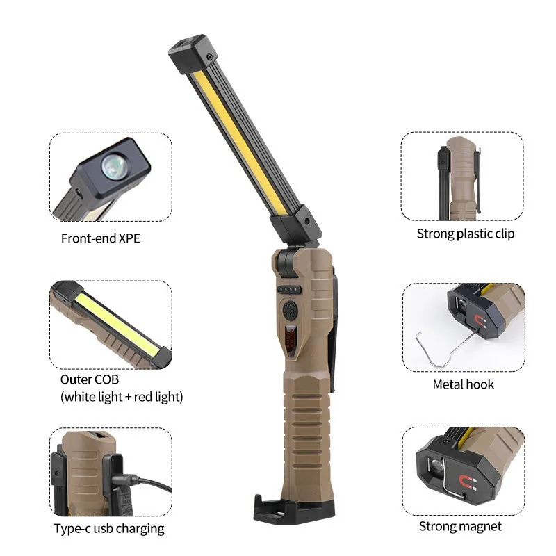 Rechargeable Flashlights, LED Work Lights with Magnetic Base & Hanging Hook, 180°Rotate, 5 Modes, Work Light Mechanic Flashlight, khaki