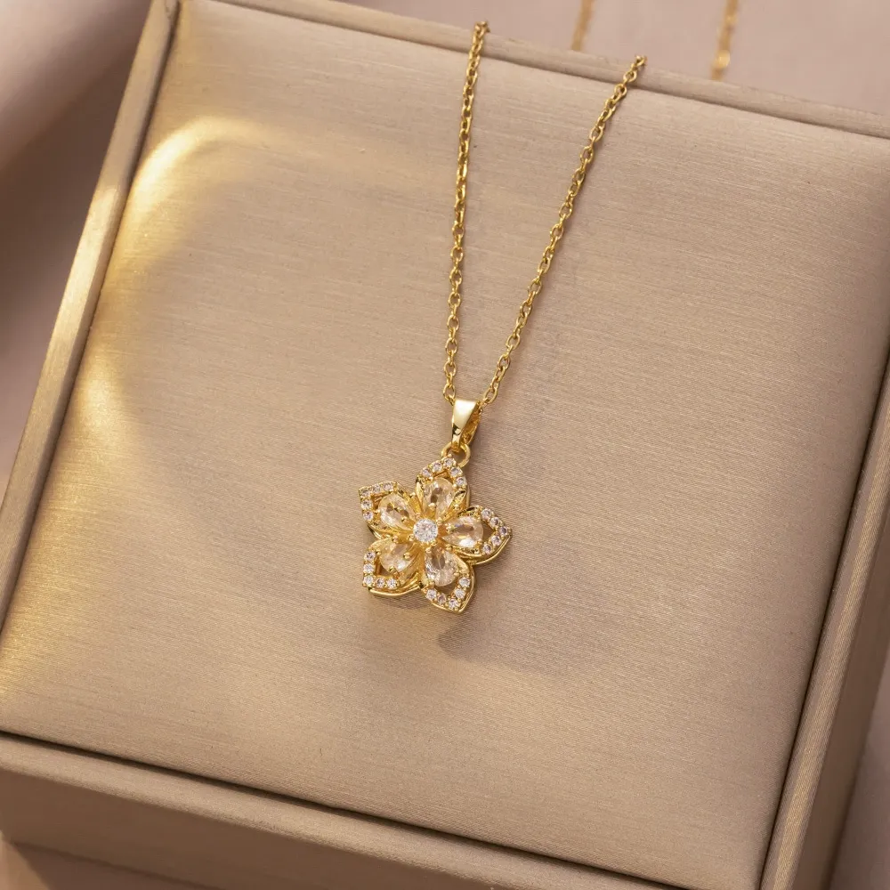 Rotatable Flower Design Trendy Charm Necklaces for Women, Summer Rhinestone Decor Fashionable Accessory for Party, Daily Clothing Decor, Trendy & Exquisite Jewelry for Holiday Parties, 90s Minimalism
