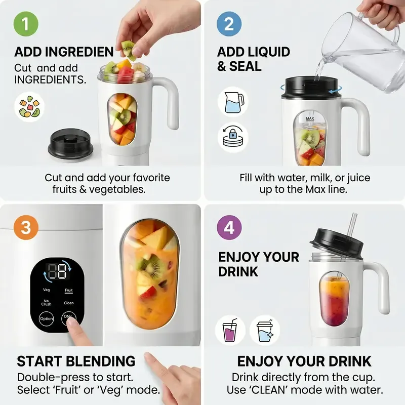 Compact Cordless Portable Blender - USB-Rechargeable Handheld Juicer & Citrus Juicer, 22000 RPM, LED Display, Anti-Slip Feet, BPA-Free Food-Grade, 5s Auto-Stop Safety, Self-Cleaning Ice Crusher for Frozen Drinks (Kitchen Household Appliance)