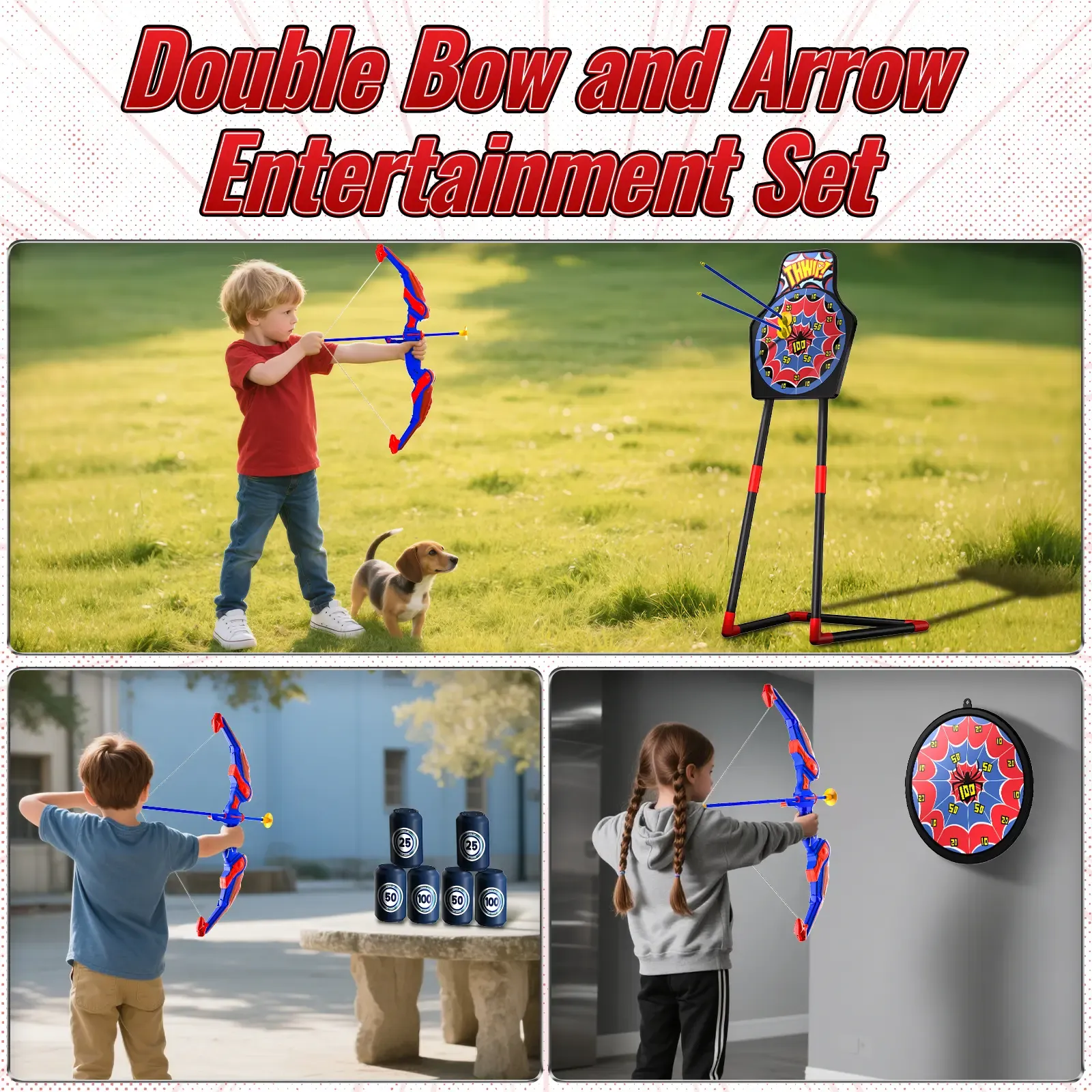 Spider-themed bow & arrow set with LED lights, spider quiver, target, 8 suction cup arrows. Toy gift for boys ages 3+ (ideal 8-12).