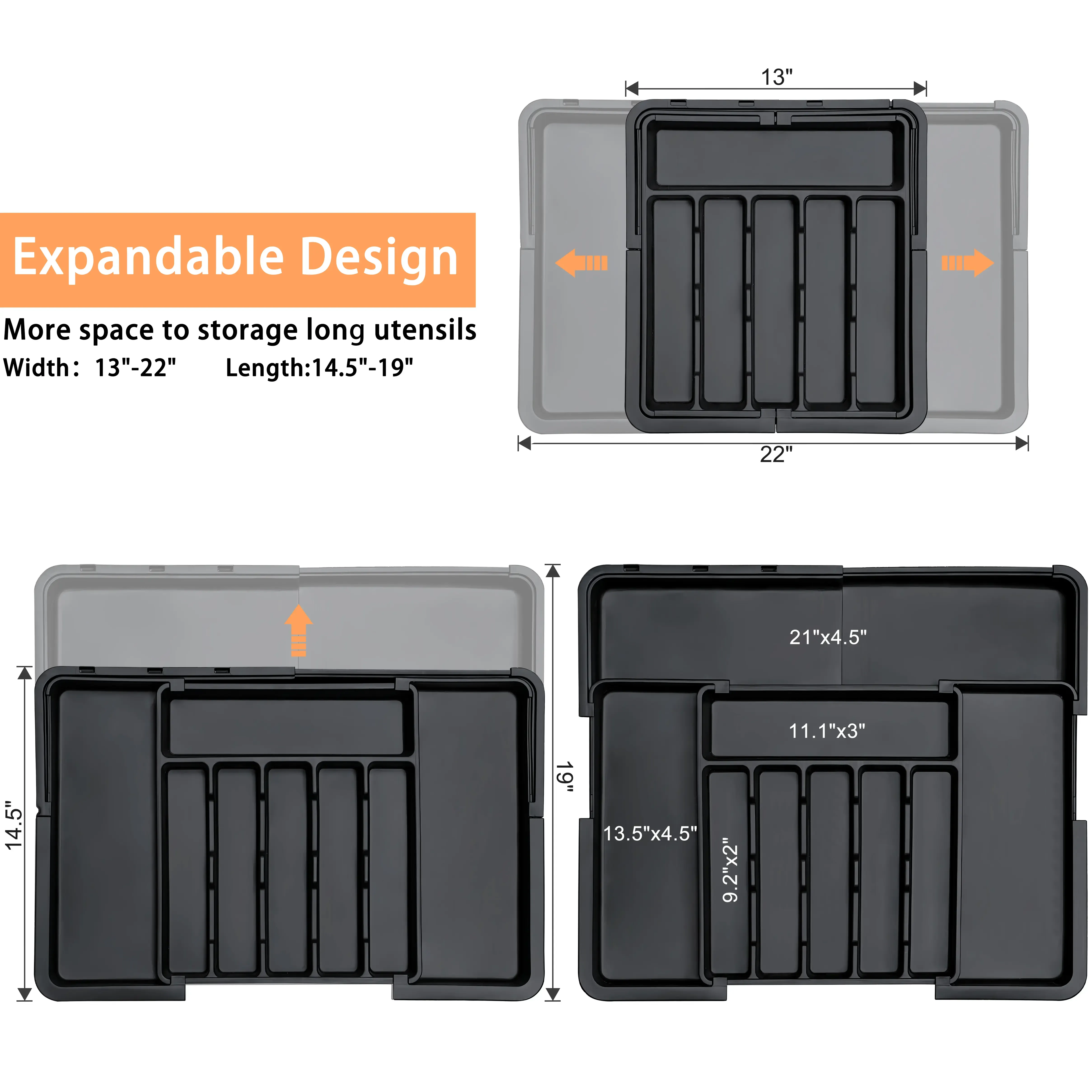 Silverware Organizer Expandable Kitchen Utensil Drawer Organizer with 9 Compartment Large Cutlery Organizer Tray for Forks Knives 13 to 22 W 14.5 to 19 L