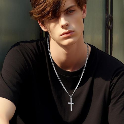 Cross Necklace for Men Women, 5mm 316L Stainless Steel Diamond-Cut Durable Figaro Link Chain or Cuban Link Curb Chain for Men, Mens Silver Crucifix Cross Pendant Necklaces Jewelry 23 Inches