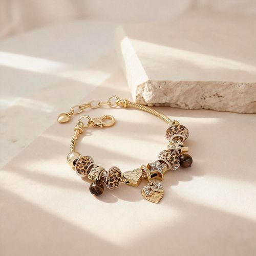 Women's Leopard Print Beaded Bracelet with Bow, Heart, Clover and Tiger Eye Stone, Trendy Fashion Jewelry, Heart Shaped Bracelet, Heart Charm Bracelet, Perfect for Parties, Nights Out and Daily Wear