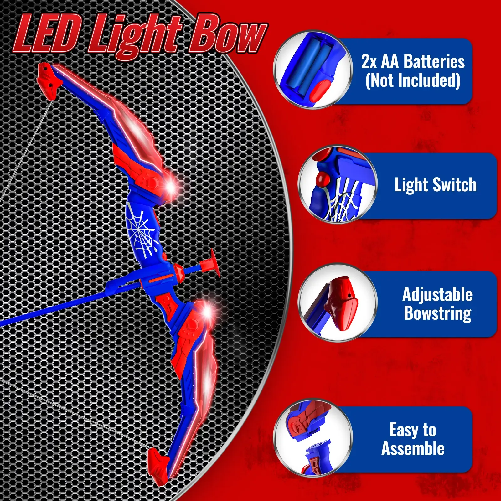 Spider-themed bow & arrow set with LED lights, spider quiver, target, 8 suction cup arrows. Toy gift for boys ages 3+ (ideal 8-12).