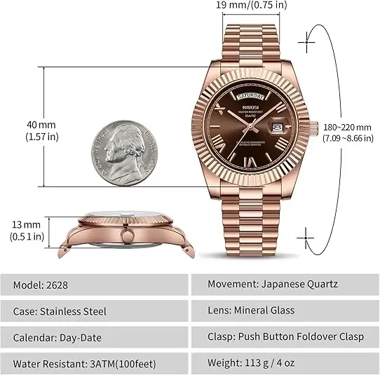 Luxury dress watch for men, 40mm rose gold dial, stainless steel bracelet, rotating quartz analog movement, water-resistant, luminous large dial, a sophisticated business watch, no watch box included.