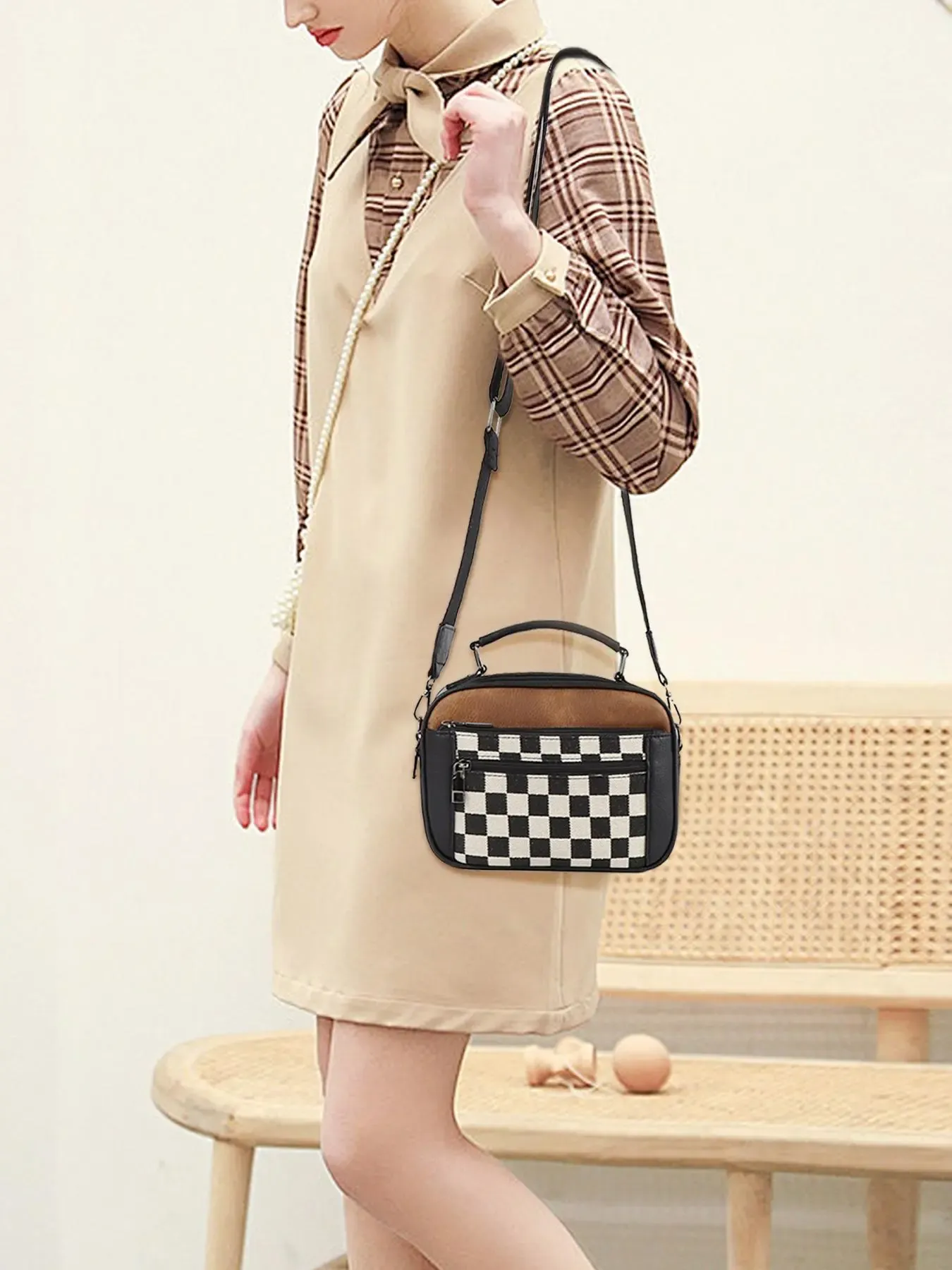 Checkerboard Pattern Colorblock Crossbody Bag, Fashionable Patterned Bag, Fashion PU Leather Waterproof Zipper Shoulder Bag for Women, Casual Trendy Versatile High-quality Daily Commuting Bag, Mothers Day Gift Ideas