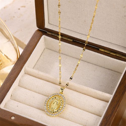 French Style Virgin Mary Pendant Necklace - Stainless Steel Waterproof Christian Jewelry, Jesus Christ Necklace with Zircon Colored Diamonds, Retro Religious Necklaces for Women