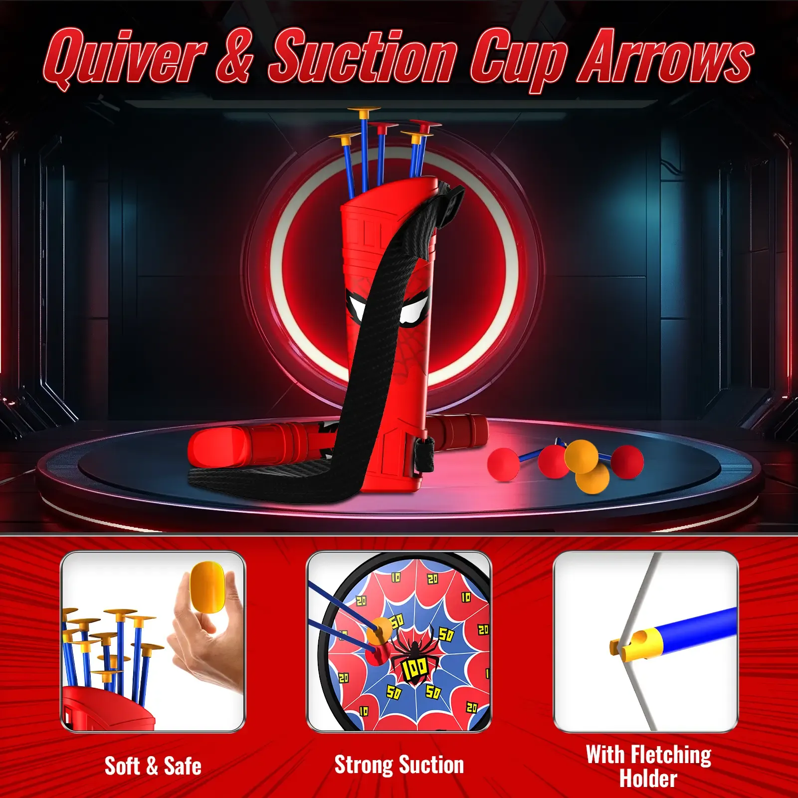 Spider-themed bow & arrow set with LED lights, spider quiver, target, 8 suction cup arrows. Toy gift for boys ages 3+ (ideal 8-12).
