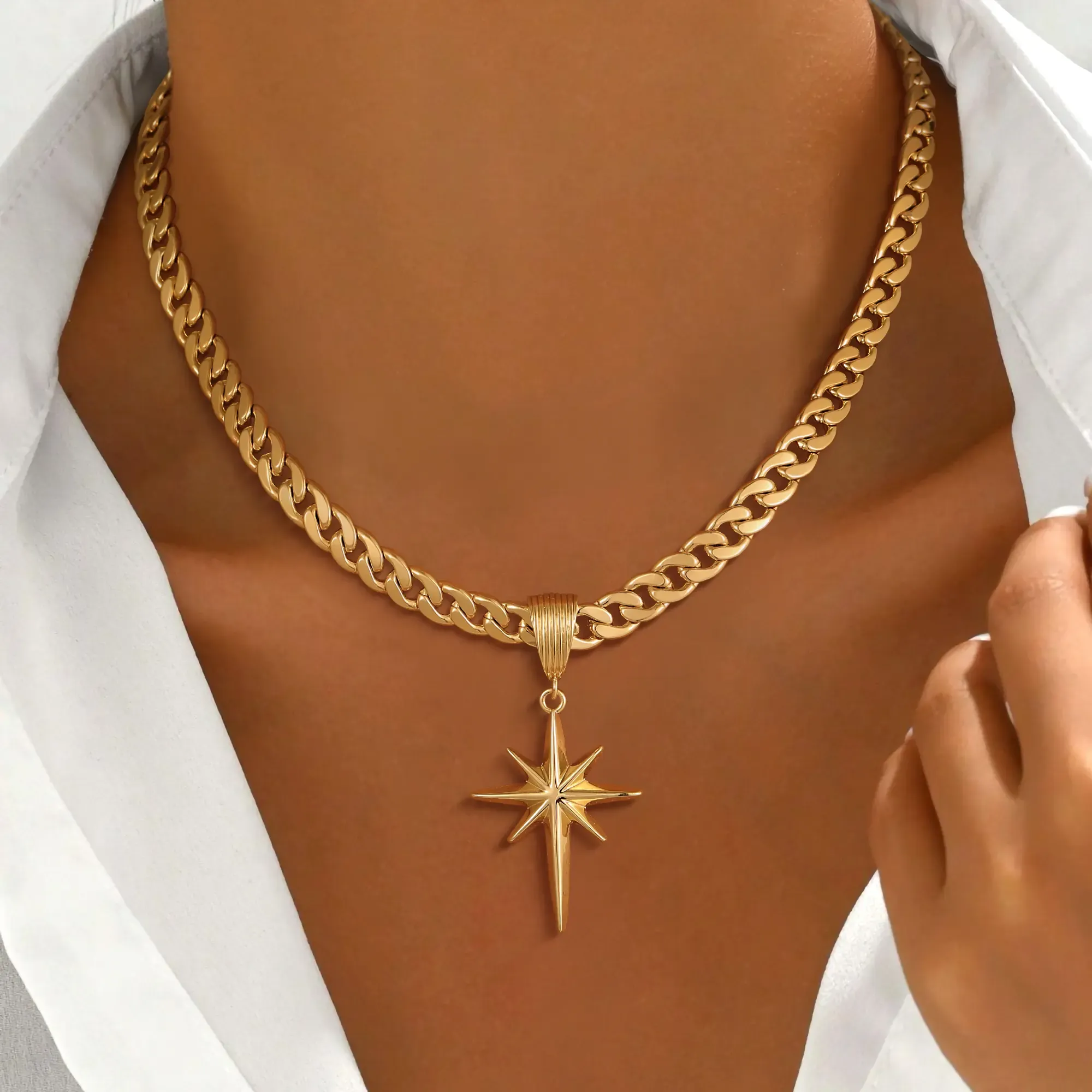 Gold 8mm Women's Flat Cuban Eight-Pointed Star Pendant Birthday Gifts Anniversary Gifts Jewelry for Women Girls Mother's Day Gift