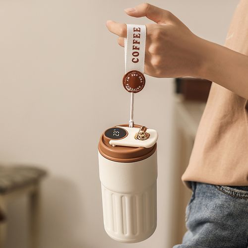 Smart temperature display insulated coffee cup | 316 stainless steel stylish thermos | Portable car travel cup | Perfect gift for coffee lovers, foggy white coffee color