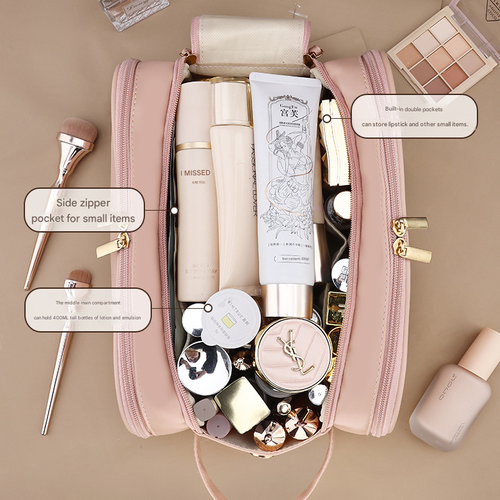 New PU Three-Layer Makeup Bag | Double-Zip Portable Handheld Organizer | High-End Aesthetic Cosmetic Case for Travel & Daily Use