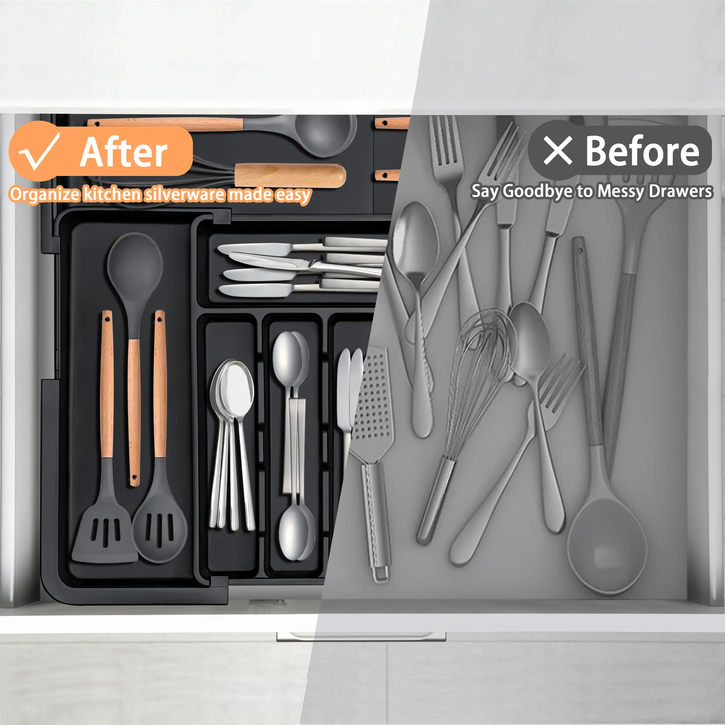 Silverware Organizer Expandable Kitchen Utensil Drawer Organizer with 9 Compartment Large Cutlery Organizer Tray for Forks Knives 13 to 22 W 14.5 to 19 L