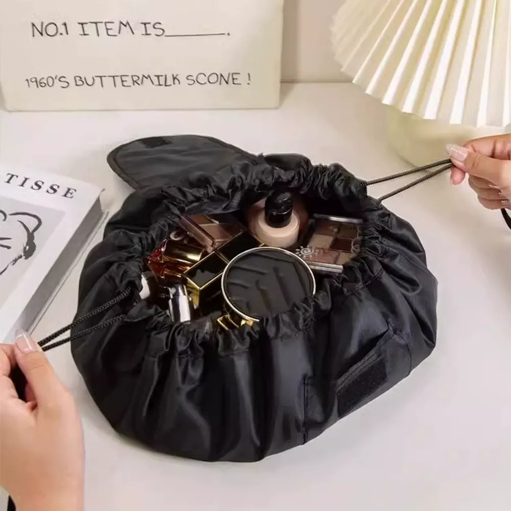 Hot selling lazy makeup bag | portable travel toiletries drawstring bag | new large capacity women's drawstring storage bag lazy makeup bag one draw into shape bag and small bead chain