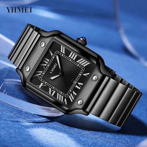 Unisex Classic Square Roman Numerals Silver Analog Water-Resistant Watch suitable for Women Men Stainless Steel Strap Date Display Casual Wristwatch