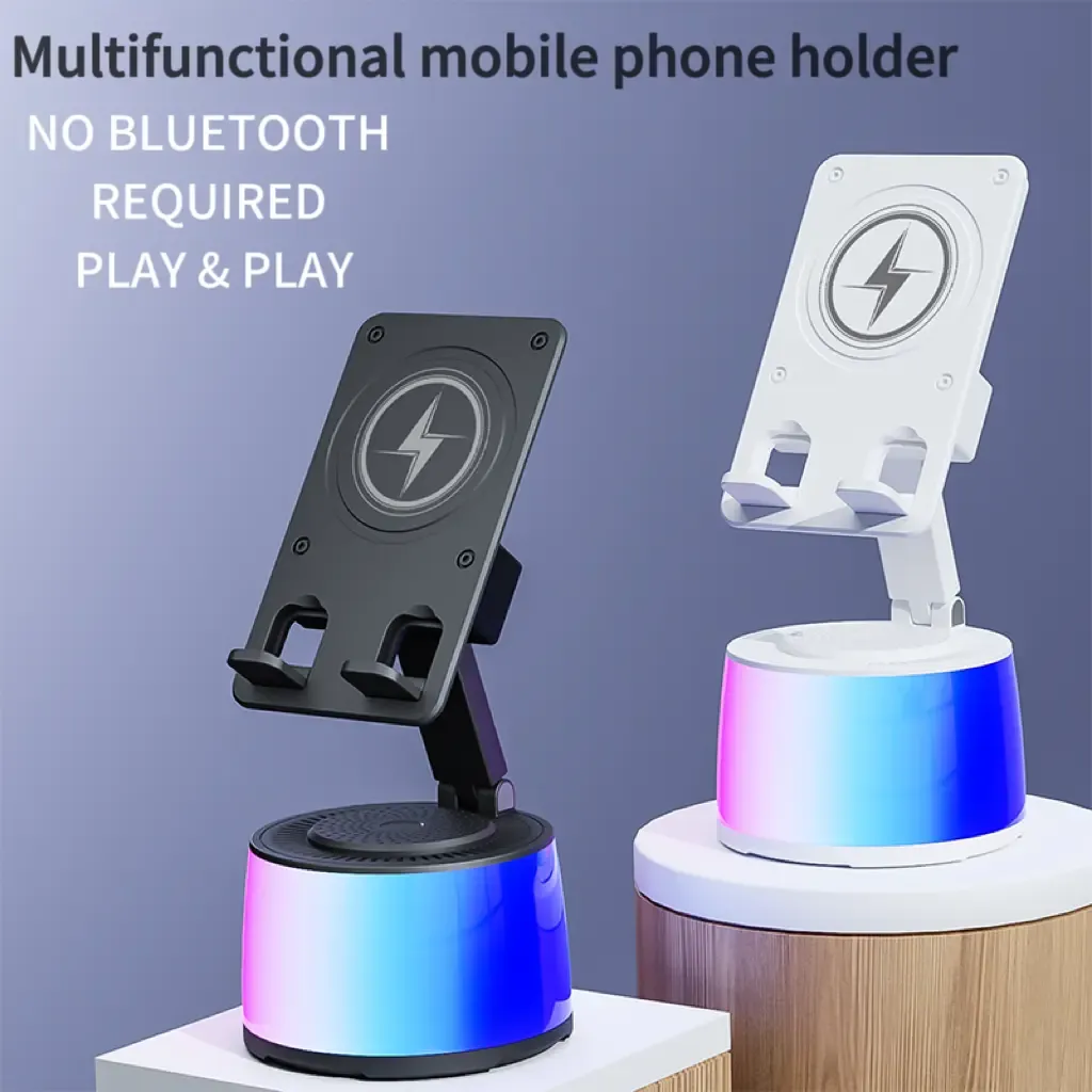 Wireless Induction Audio Bluetooth Speaker 5in1 Cellphone Holder USB Emergency Rechargeable (5000mAh) Portable Power Mobile Tablet Stand with Colorful Ambient Light Gifts for Friend, Family