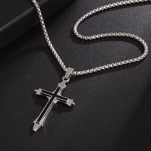 Men's street style all-stainless steel cross pendant necklace, 1 piece, casual and fashionable pendant necklace.