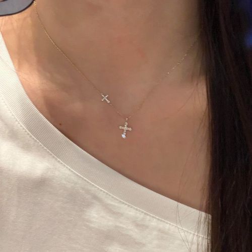 Women's Vintage Double Cross Necklace - Pave Diamond Dainty Collarbone Chain, Luxury Niche Design Pendant, Ideal Birthday Gift for Her