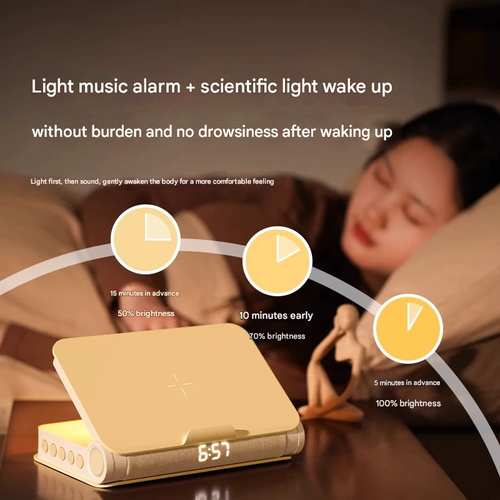 Sleep-Enhancing Multi-Functional Book Light Speaker - Bluetooth Night Light, Bedside Lamp with Light Wake-Up Alarm Clock, Wireless Phone Charger, Ideal Gift for Home Use