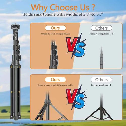 62'' Adjustable Phone Tripod & Selfie Stick with Bluetooth Remote, Universal Mount for iPhone, Android, and Cameras