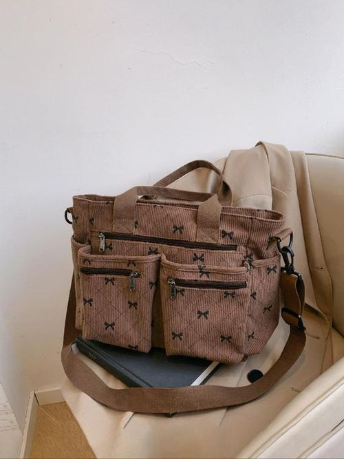 Women's Chocolately Fall&Winter Bow Pattern Tote Bag, Fashionable Multi-pocket Shoulder Bag for Daily Used, Casual Trendy Versatile High-quality Daily Commuting Bag