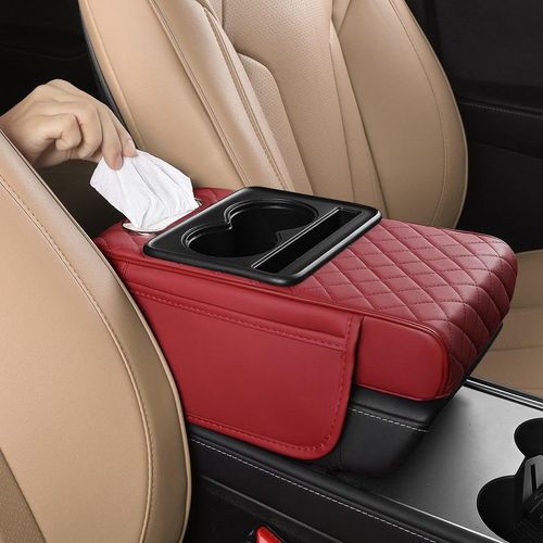Multifunctional Leather Car Armrest Box Mat with Central Elbow Heightening Pad, Storage Box Cup Holder, Car Tissue Box, Auto Interior Accessories