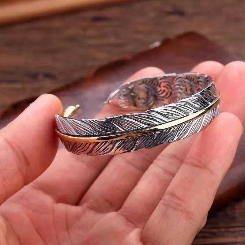 Vintage Feather Cuff Bracelet for Men - Adjustable Open Bangle, Trendy Stack Bangle, Metal Coating Costume Jewelry, Everyday Wear Accessory, Ideal Gifts for Him Mens Gifts