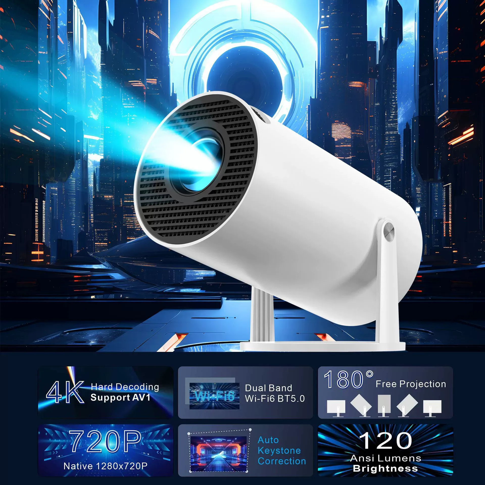 2025 New 4K Ultra HD LCD Portable Projector | Wireless Screen Mirroring Home Theater | Outdoor Camping Cannon-Style Projector for Phone & Wall Projection