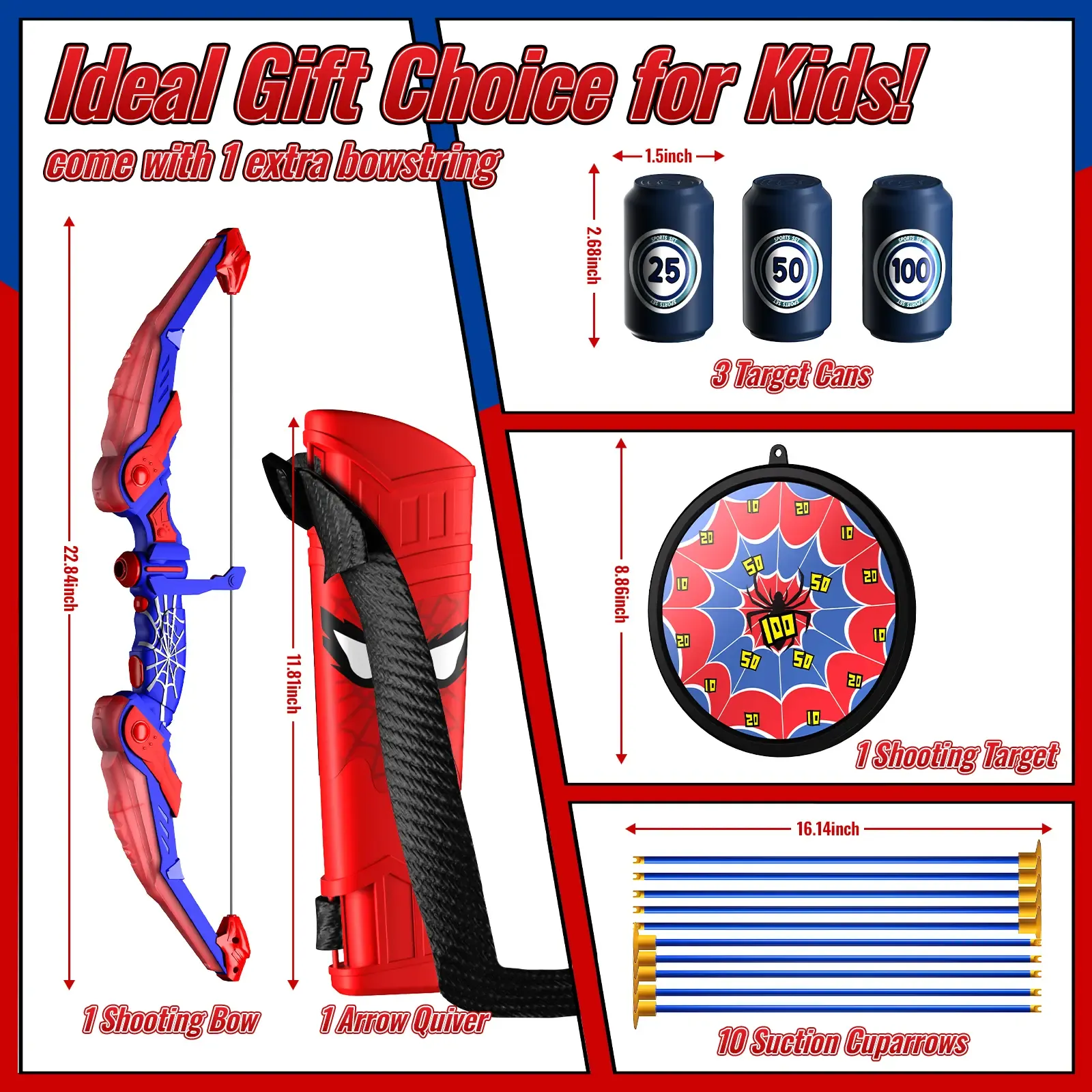 Spider-themed bow & arrow set with LED lights, spider quiver, target, 8 suction cup arrows. Toy gift for boys ages 3+ (ideal 8-12).