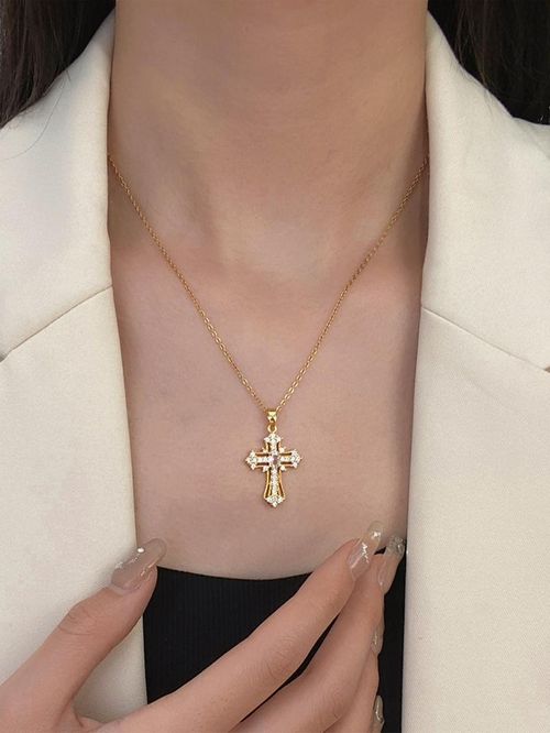 Rhinestone Cross Pendant Necklace For Women For Gift, Clavicle Chain Necklace, Fashion All-match Accessory, Cross Necklaces