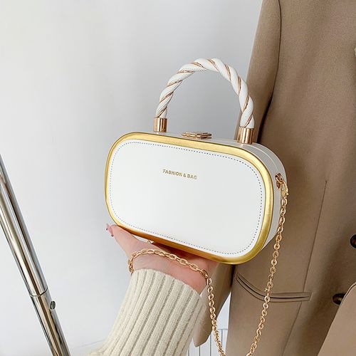 Women's Fashion Buckle Twisted Top Handle Chain Strap Crossbody Bag, Minimalist Letter Detail Metallic Trim Versatile Box Bag, Casual Shoulder Bag, Casual Crossbody Bags