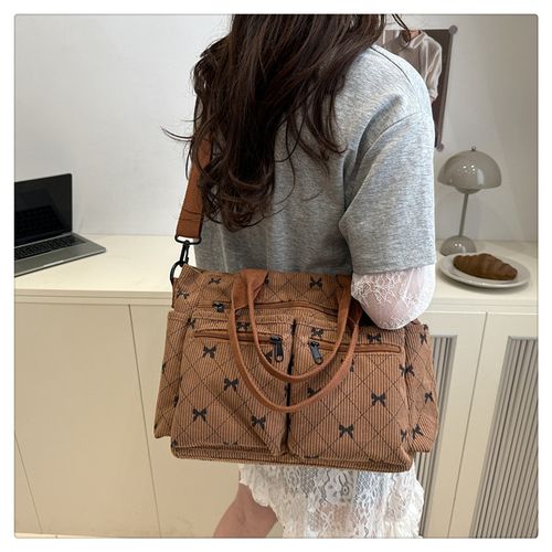 Women's Chocolately Fall&Winter Bow Pattern Tote Bag, Fashionable Multi-pocket Shoulder Bag for Daily Used, Casual Trendy Versatile High-quality Daily Commuting Bag