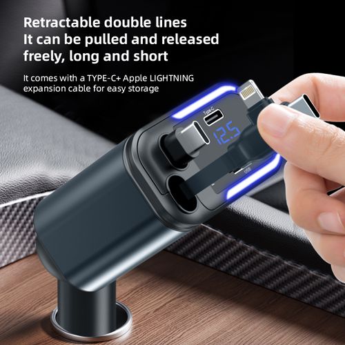 CHNKEYUN 4 in 1 Retractable Car Charger,Super Fast Charging Car Charger Max 120W, Retractable Cable and 2 USB Ports Car Charger Adapter for iPhone 15 14 13 12 Pro Max, Galaxy S23 Bluetooth Charger phone charger