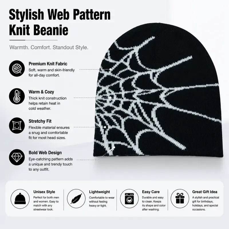 Unisex Y2K Spider Web Skull Cap Beanie -  Viral Graphic Jacquard Knit Streetwear Grunge Aesthetic Hat, Cyberpunk Accessory for Night Raves