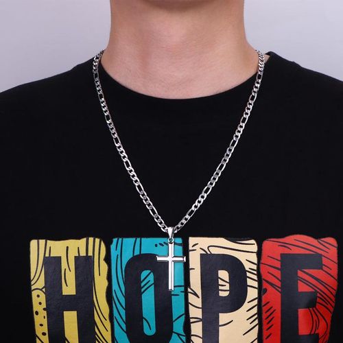 Cross Necklace for Men Women, 5mm 316L Stainless Steel Diamond-Cut Durable Figaro Link Chain or Cuban Link Curb Chain for Men, Mens Silver Crucifix Cross Pendant Necklaces Jewelry 23 Inches
