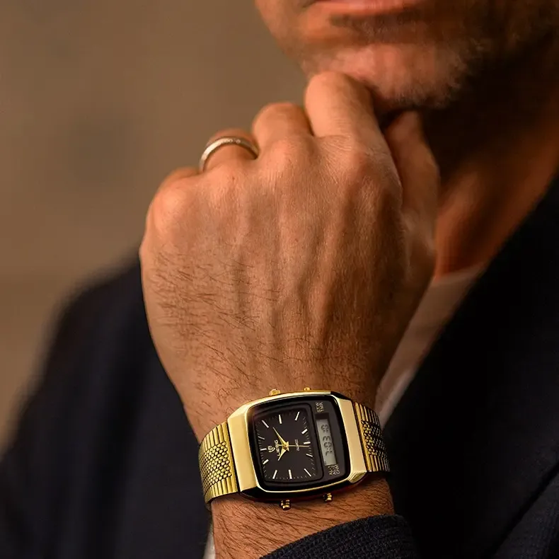 LIEBIG watches for men 34.5mm x 40mm x 10.5mm case 3ATM waterproof and scratch resistant mirror dual time zone fashionable gold watch multifunctional timing alarm clock digital sports watch