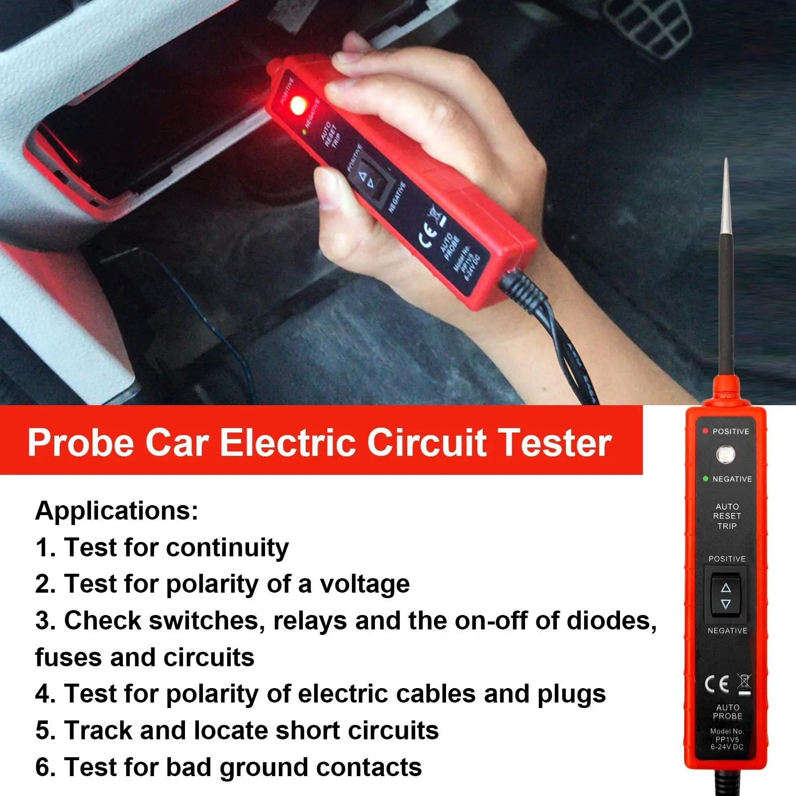 Power Circuit Probe Tester, 6-24V DC Automotive Original Short Circuit Test Light, Automotive Continuity Tester, Professional Car Power Circuit Tester, Car Accessories