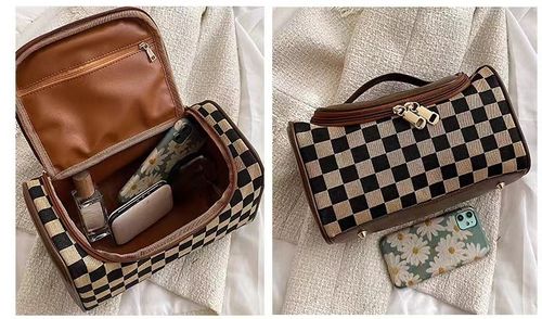 Fashion Colorblock Checked Pattern Makeup Bag, Casual Versatile Zipper Makeup Pu Leather Storage Bag, Makeup Organizer Pouch for Women & Girls