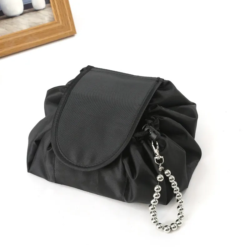 Hot selling lazy makeup bag | portable travel toiletries drawstring bag | new large capacity women's drawstring storage bag lazy makeup bag one draw into shape bag and small bead chain