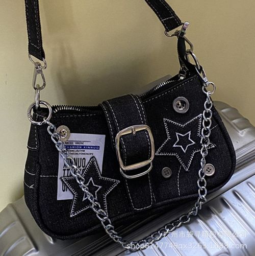 Women's Fashionable Star Patched Shoulder Bag, Vintage Y2K Style Chain Decor Underarm Bag for Daily Used, Casual Trendy Versatile High-quality Daily Commuting Bag, Crossbody Chain Bag