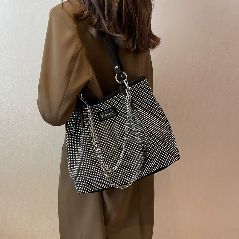Elegant Shoulder Bag for Work & Back To School, Fashionable Chain Strap Design Large Capacity Shoulder Bag for Party, Dating, Casual Trendy Commuting Bag, Ladies Purse Tote Bag for Women, Studded Bag, Crossbody Chain Bag