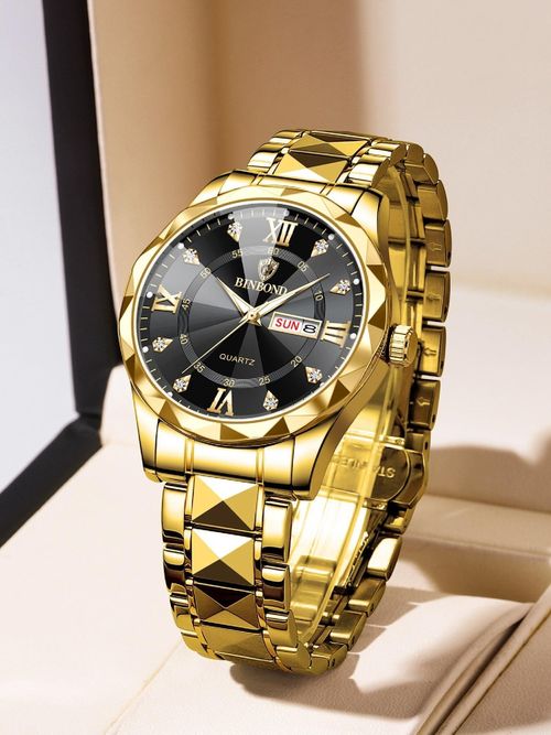 Men's Business Style Quartz Watch with Diamond Accents Calendar and Water Resistant Design Ideal for Parties and Everyday Wear Trendy and Refined Watch Box Not Included Excellent Choice for Birthday Gifting