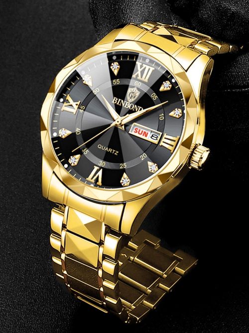 Men's Business Style Quartz Watch with Diamond Accents Calendar and Water Resistant Design Ideal for Parties and Everyday Wear Trendy and Refined Watch Box Not Included Excellent Choice for Birthday Gifting