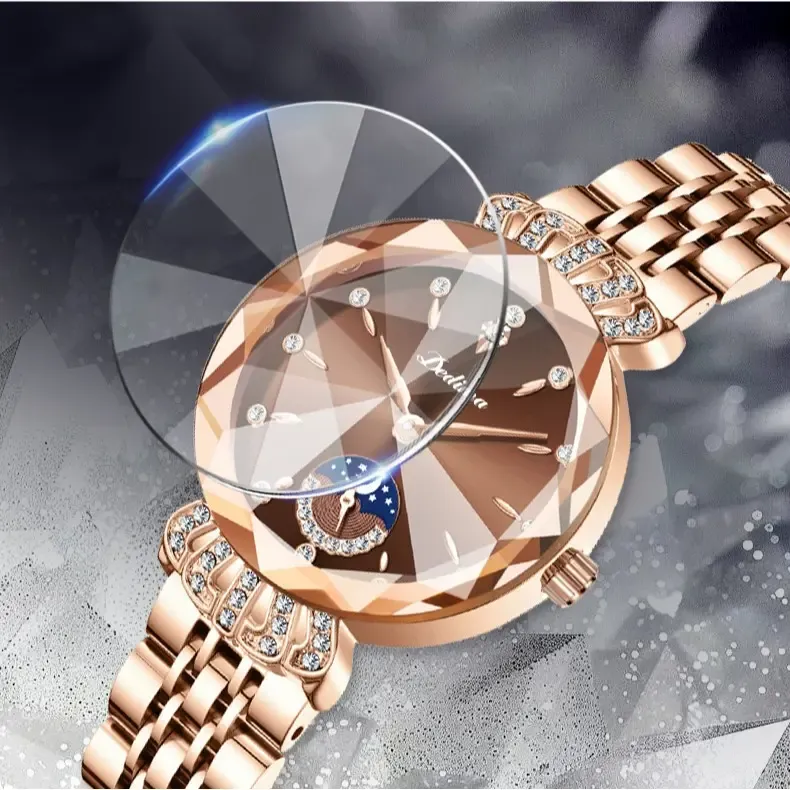 Luxurious Ladies' Jewelry Watch — Diamond-Cut Crystal, Stainless Steel Case, Water-Resistant Design, Sun, Moon, and Stars Motif. An Elegant Timepiece—The Perfect Gift for Her (Watch Box Not Included).