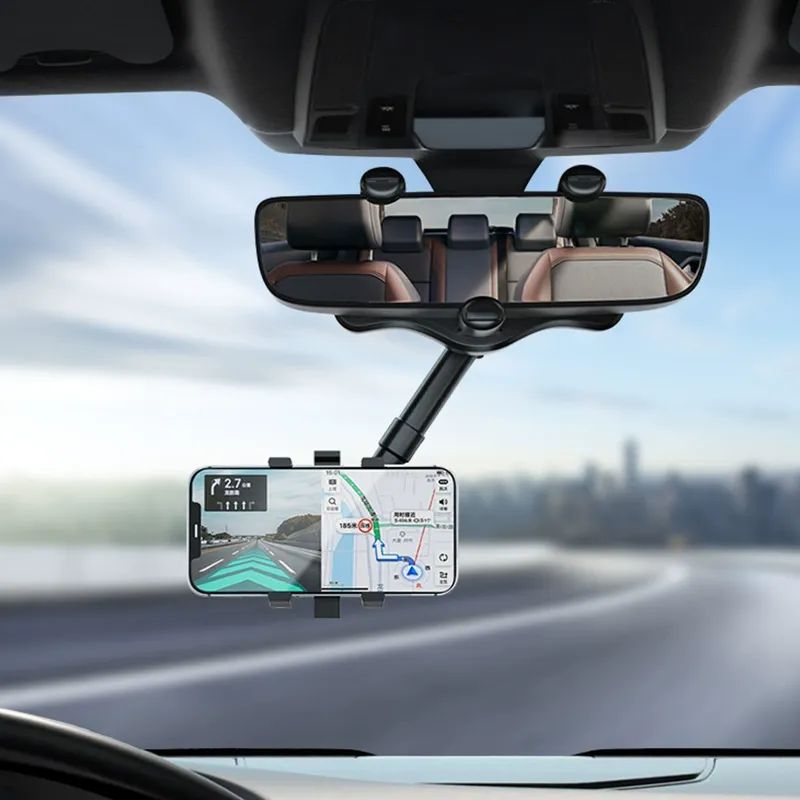 Rearview Mirror Phone Holder for Car, 360° Rotating Rear View Mount with Adjustable Arm Length, Multifunctional and GPS Universal Car All Smartphones